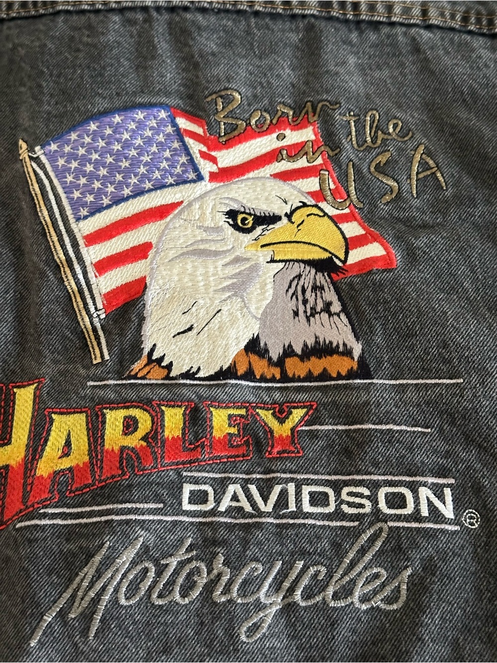 Vintage Harley Davidson Born in the USA Eagle Black Denim Biker Vest M